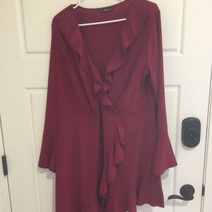 Long bell sleeve asymmetrical faux wrap dress
